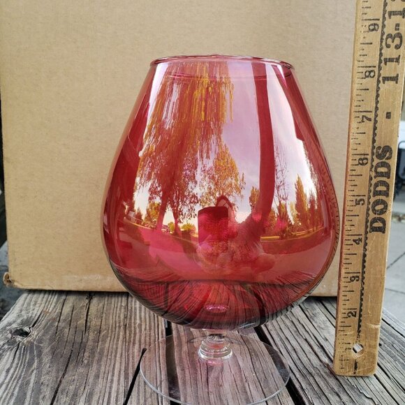 Large Vtg Hand Blown Red‎ Cranberry Glass Brandy Snifter Clear Stem - Picture 3 of 8